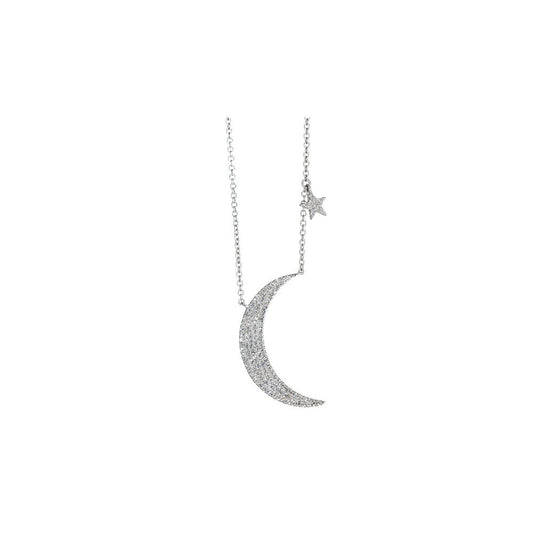 14KT White Gold Diamond  Pave Moon and Star Necklace