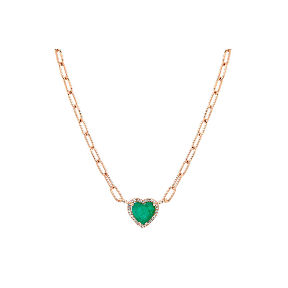 14K Rose Gold Emerald and Diamond Heart Chain Link Necklace