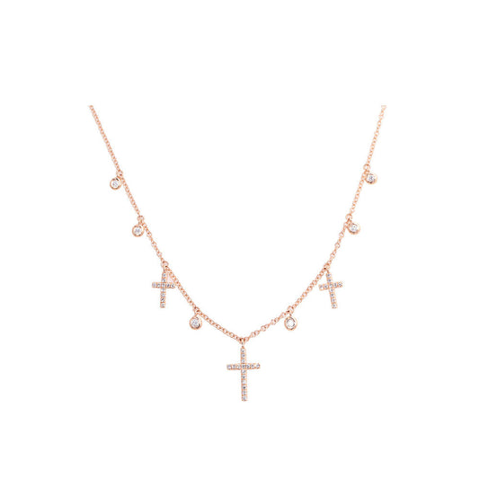 14k Rose Gold Diamond Pave Crosses and Diamond Bezel Set Multiple Charm Necklace