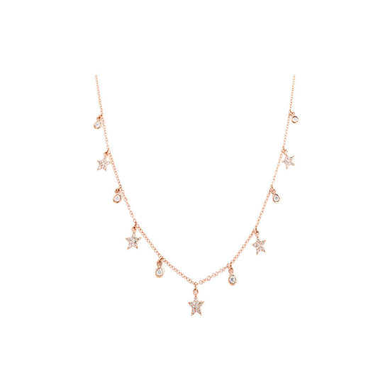14K Rose Gold Diamond &amp; Diamond Pave Star Dainty Charm Necklace