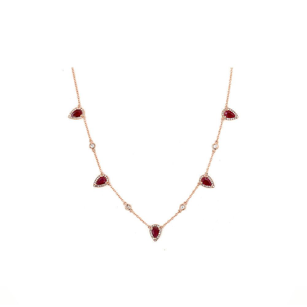 14k Rose Gold Diamond and Ruby Multiple Pear Shape Necklace