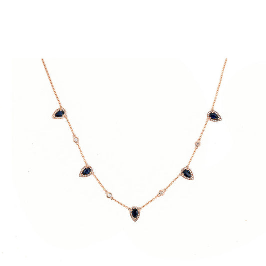 14k Rose Gold Diamond and Sapphire Multiple Pear Shape Necklace
