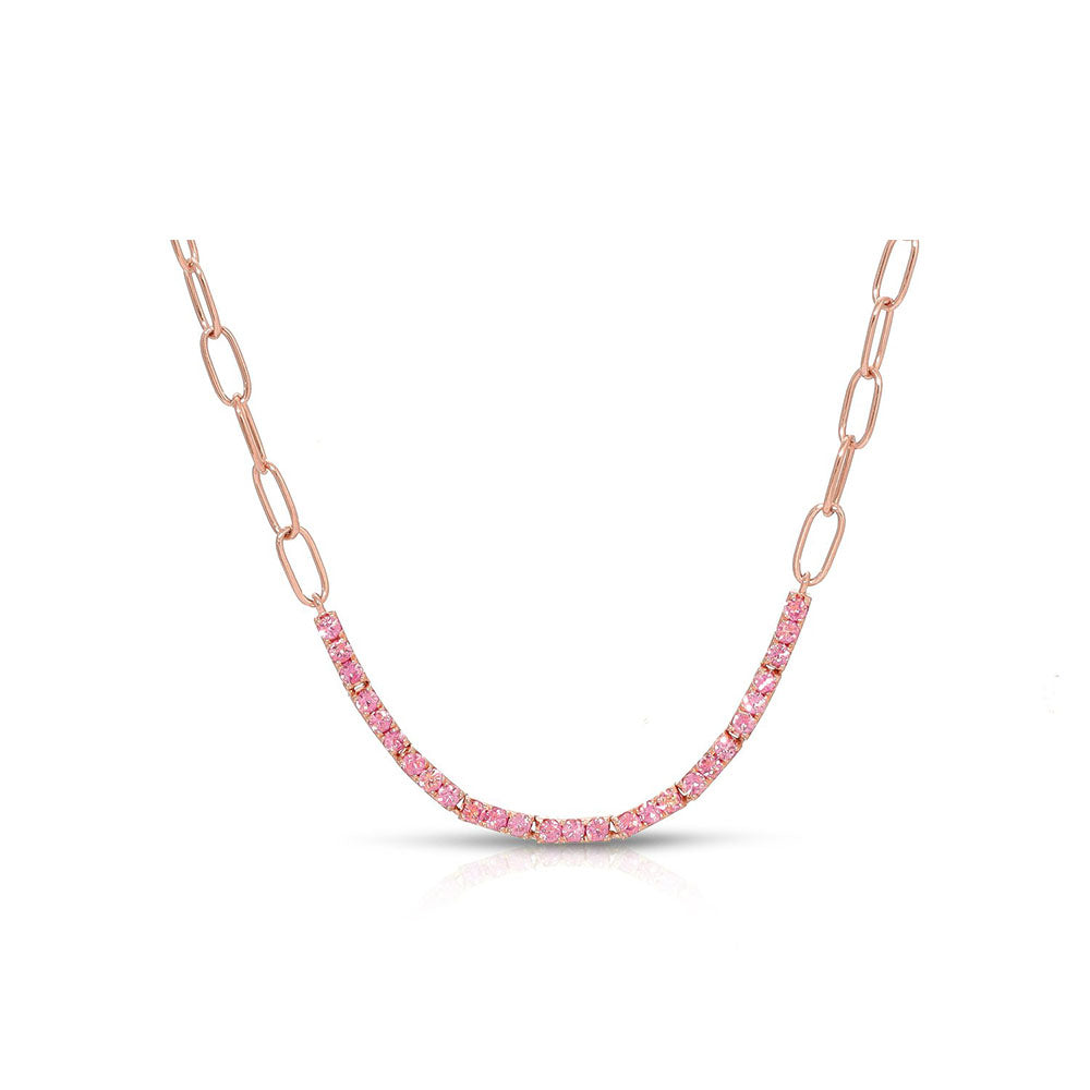 14K Rose Gold Chain Link Pink Sapphire Curve Necklace