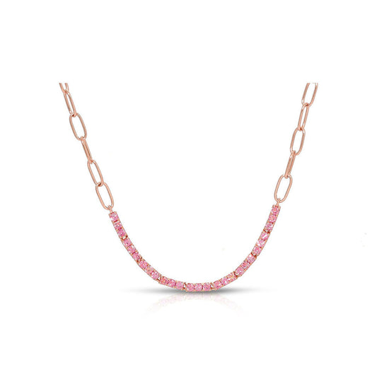 14K Rose Gold Chain Link Pink Sapphire Curve Necklace