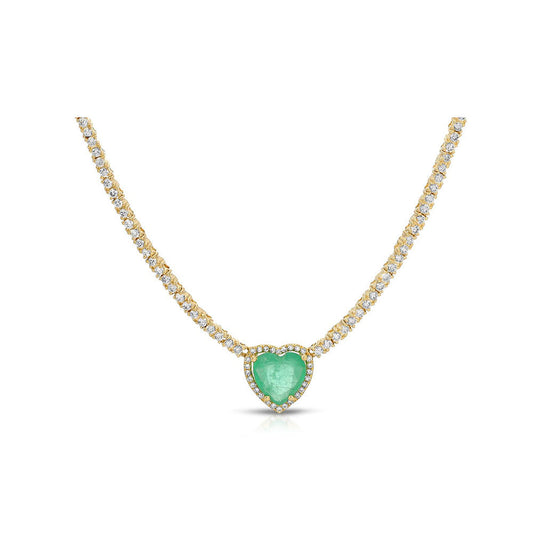14K Yellow Gold Diamond and Emerald Heart Tennis Necklace