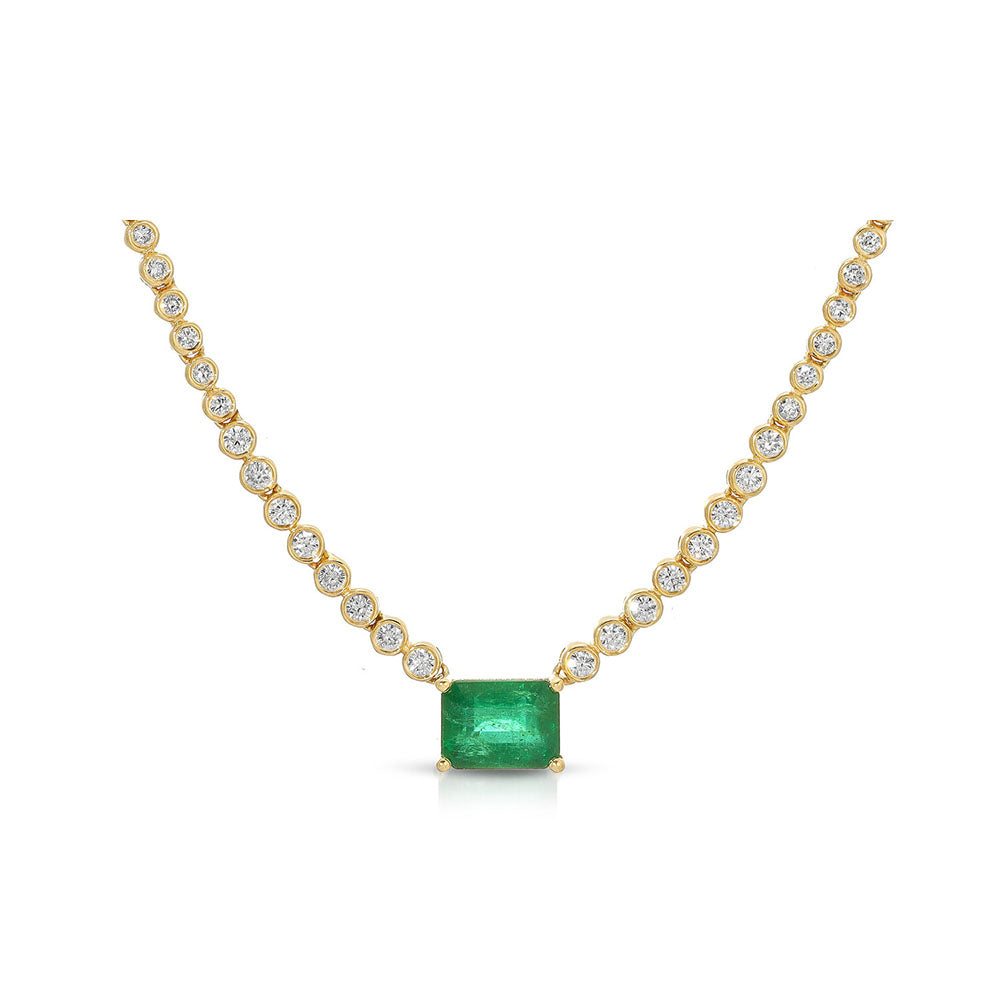 14K Yellow Gold Diamond Tennis Necklace with Emerald Cut Emerald