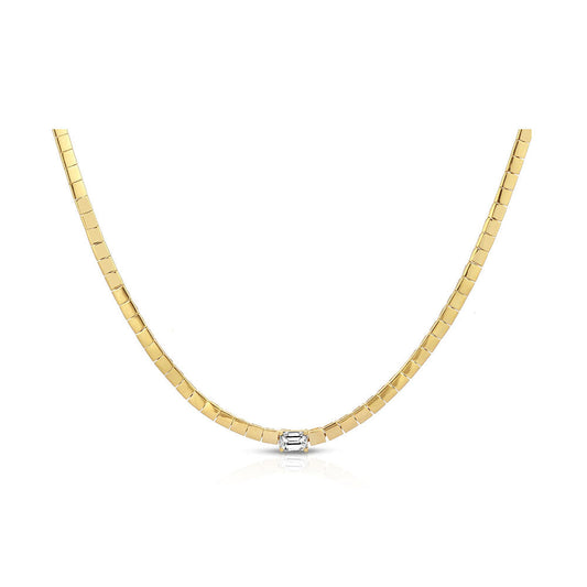 14K Yellow Gold Block Chain and Emerald Cut Diamond Necklace