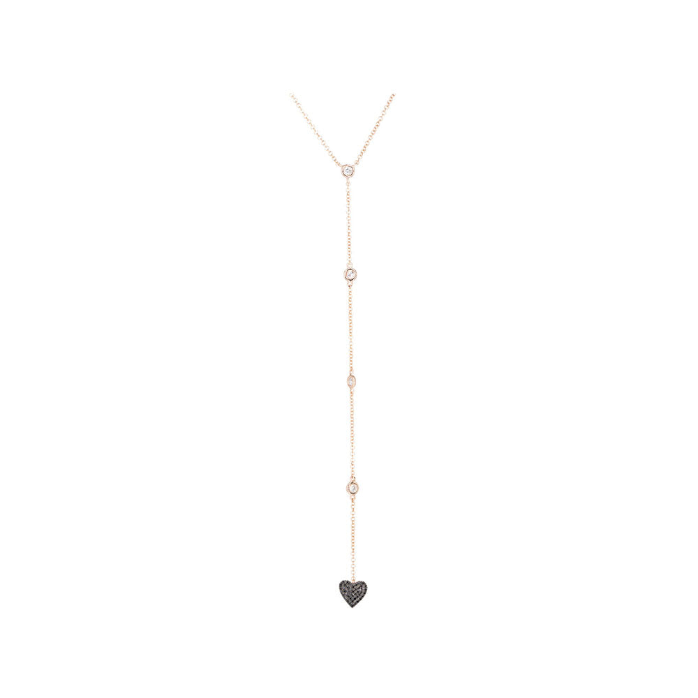 14KT Rose Gold Diamond by the yard Lariat with Black and White Diamond Two Sided Heart