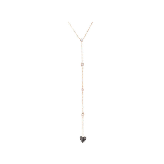 14KT Rose Gold Diamond by the yard Lariat with Black and White Diamond Two Sided Heart