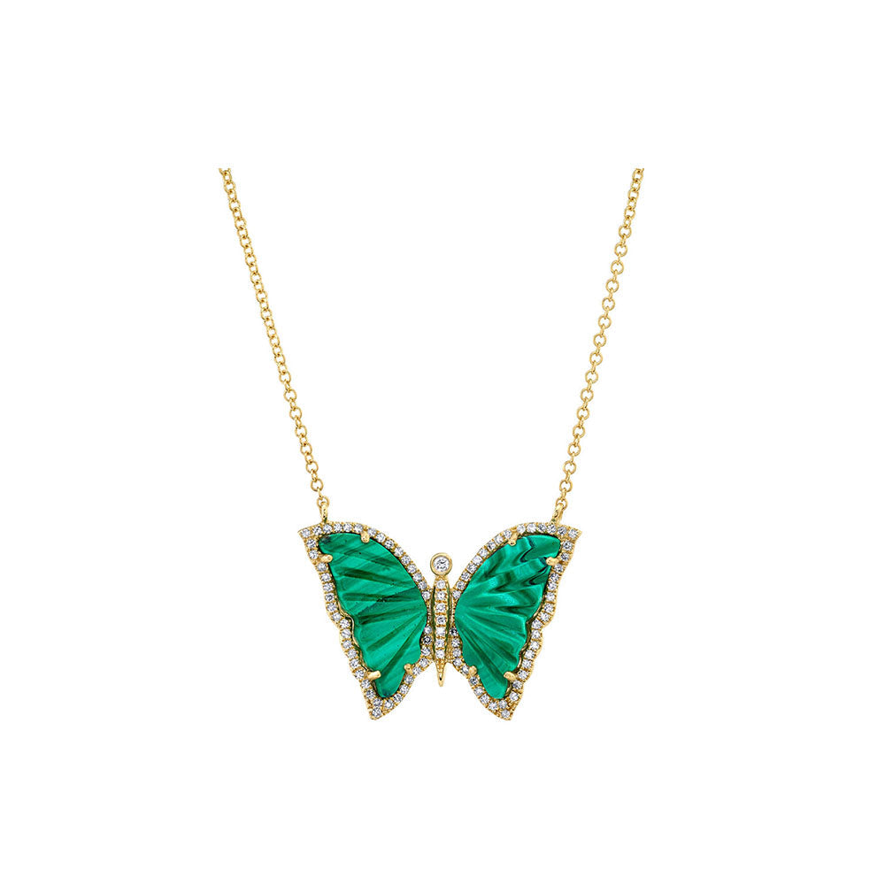 14K Yellow Gold, Diamond Pave &amp; Malachite Butterfly Necklace
