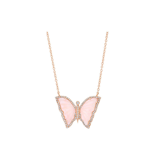 14k Rose Gold Diamond Pave and Pink Opal Butterfly Necklace