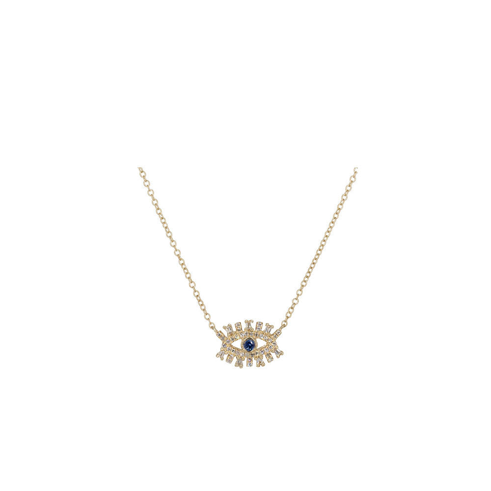 14KT Yellow Gold Diamond Pave Baguettes and Sapphire Evil Eye Necklace with Eyelashes