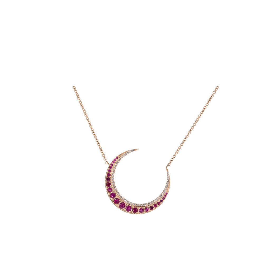 14KT Rose Gold Diamond Pave and Ruby Crescent Necklace