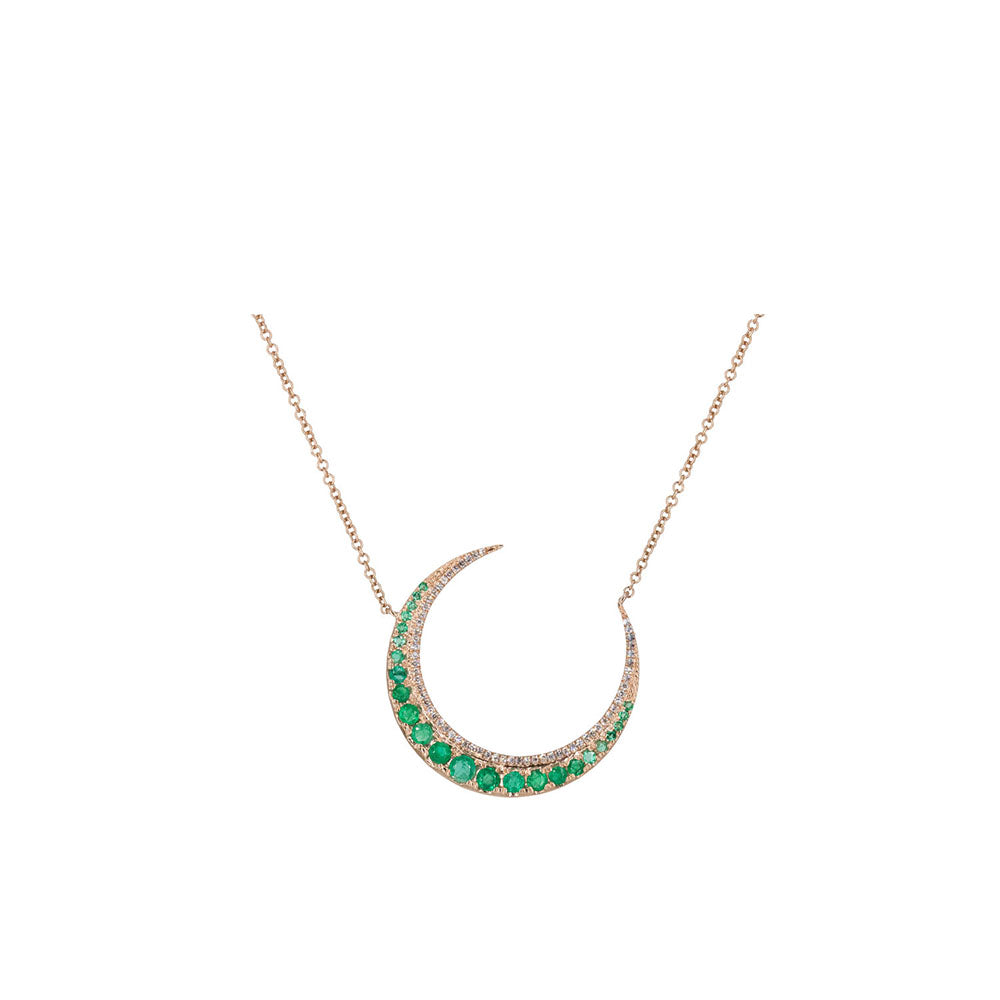 14KT Rose Gold Diamond Pave and Emerald Crescent Necklace