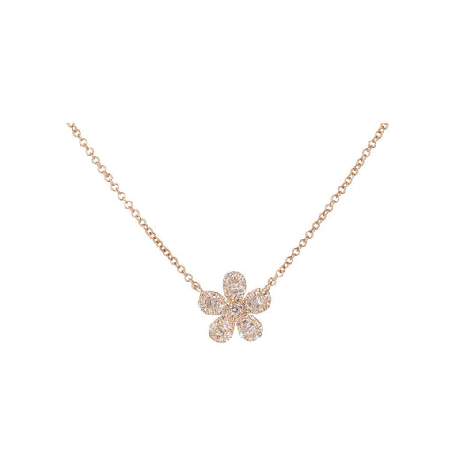 14KT Rose Gold Diamond and Baguette Flower Necklace