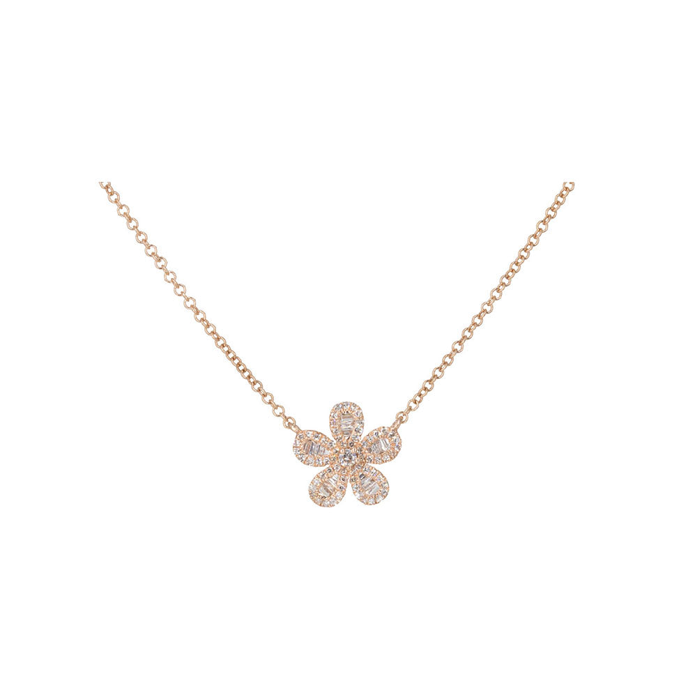 14KT Rose Gold Diamond and Baguette Flower Necklace