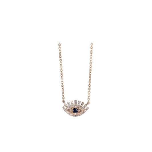 14KT Rose Gold Diamond Pave Baguettes and Sapphire Evil Eye Necklace with Eyelashes