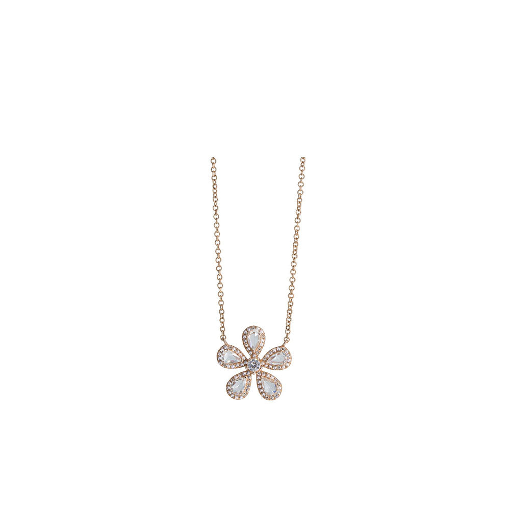 14KT Rose Gold Diamond Pave and Rose Cut Diamond Flower Necklace