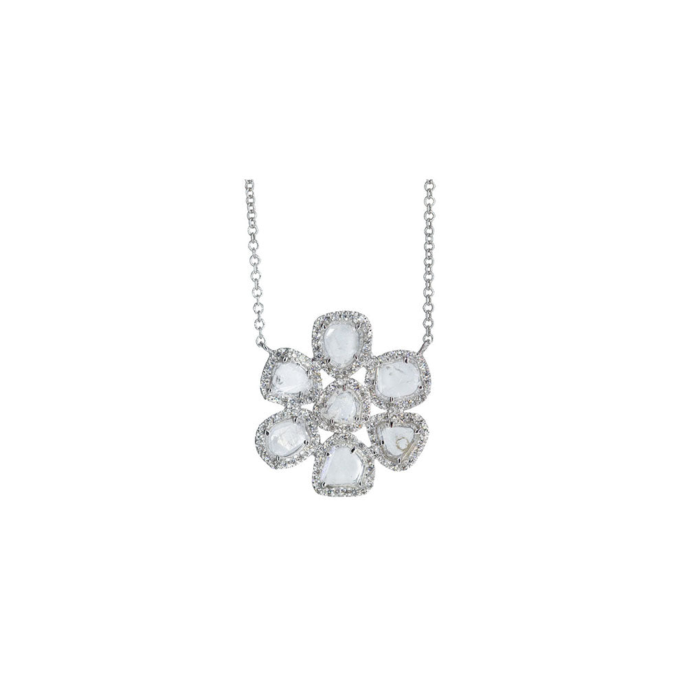 14KT White Gold Diamond Pave and Diamond Slice Flower Necklace