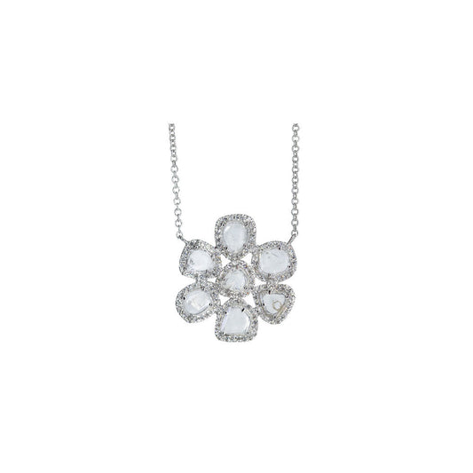 14KT White Gold Diamond Pave and Diamond Slice Flower Necklace