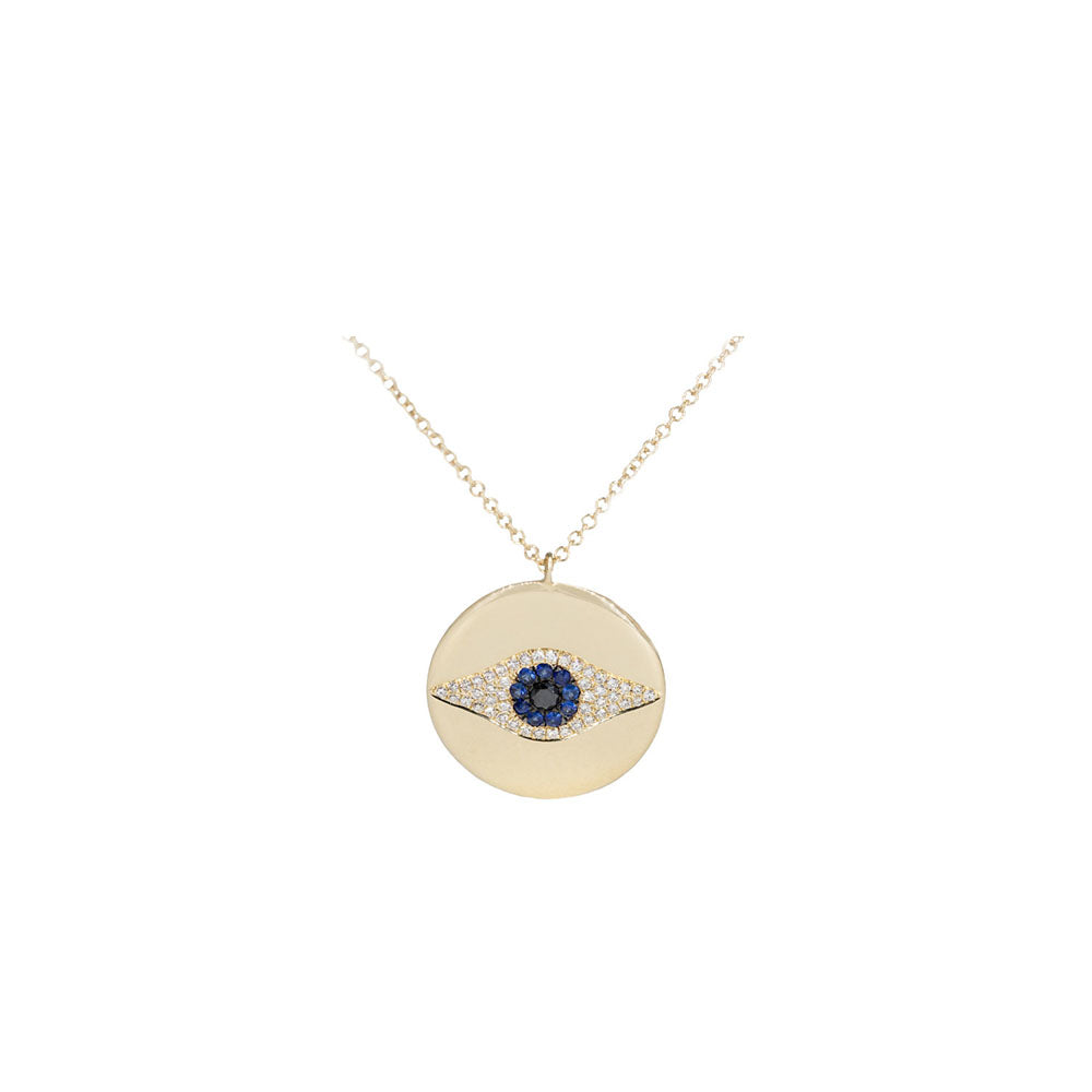 14KT Yellow Gold Diamond and Sapphire Evil Eye Necklace