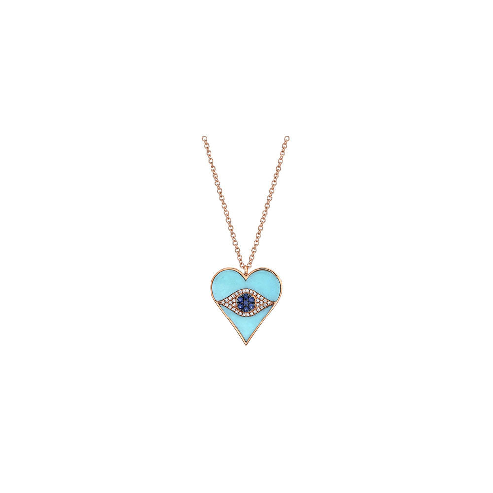 14k Rose Gold Diamond Turquoise and Sapphire Evil Eye Heart Necklace