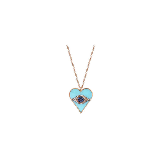14k Rose Gold Diamond Turquoise and Sapphire Evil Eye Heart Necklace