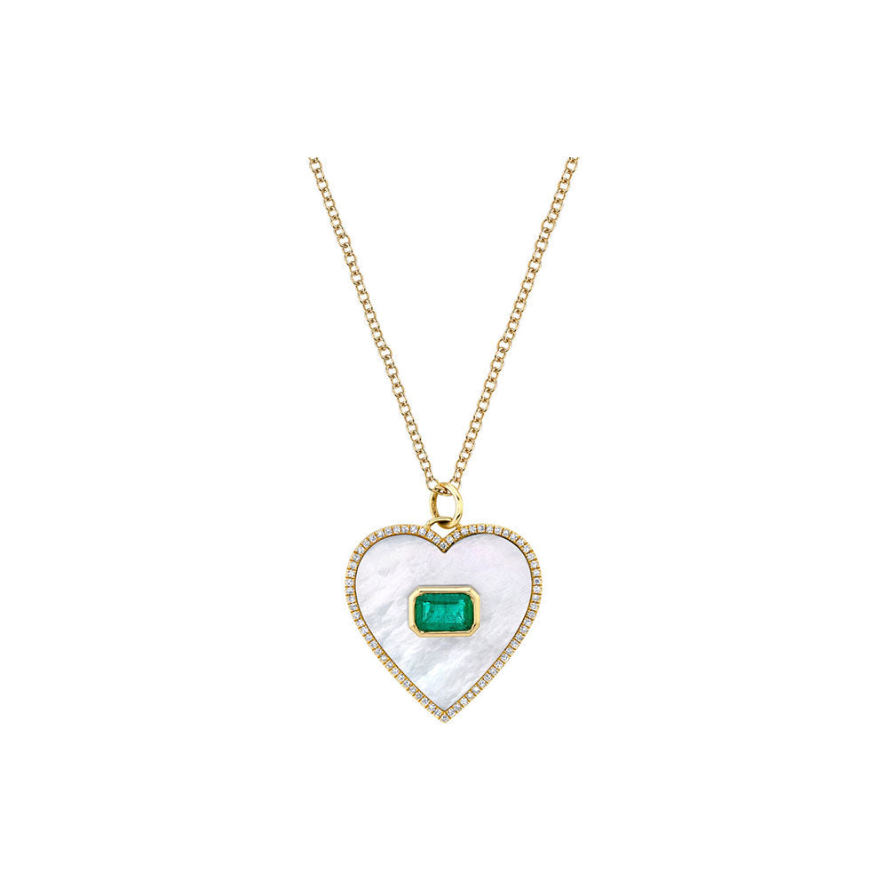 14K Yellow Gold Mother of Pearl Emerald and Diamond Pave Heart Necklace