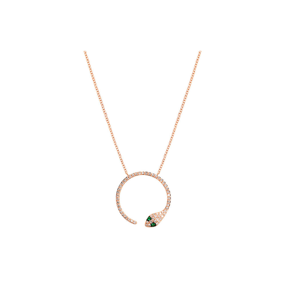14K Rose Gold Diamond Pave &amp; Emerald Circular Snake Necklace