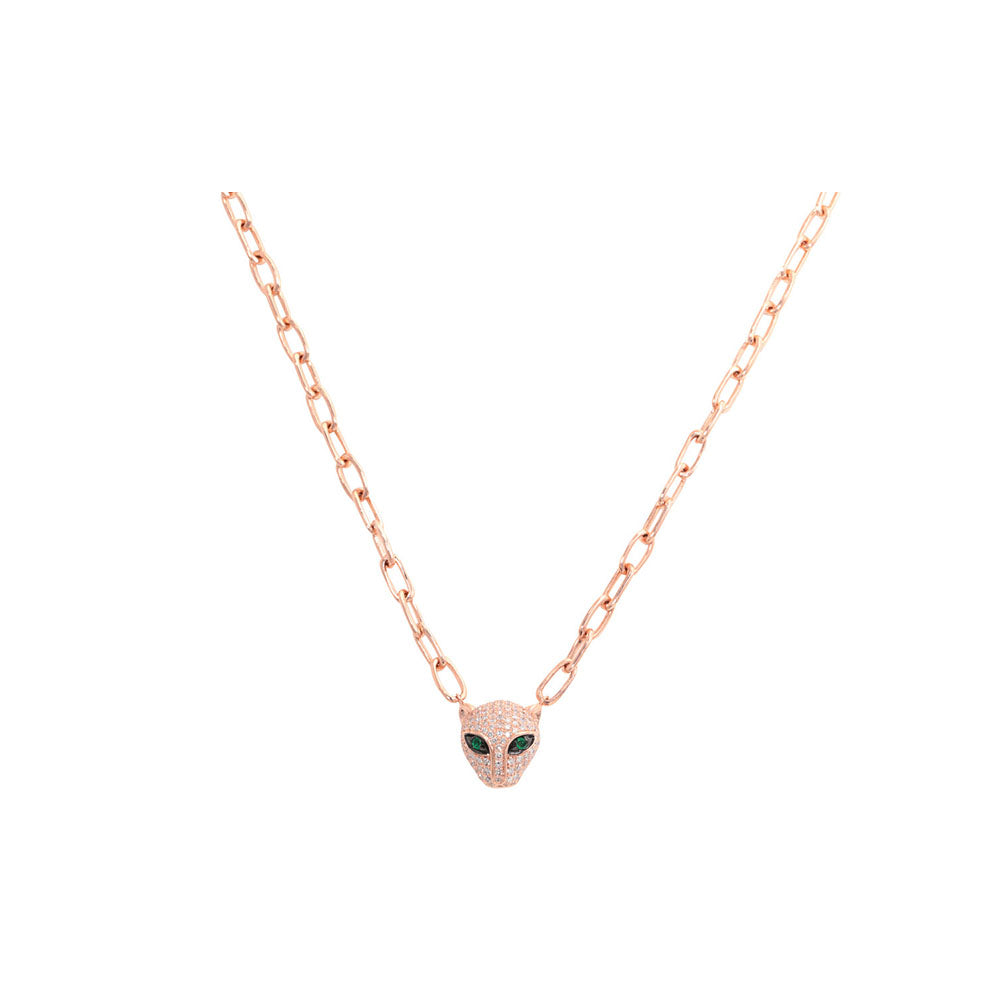 14K Rose Gold Chain Link Diamond Pave &amp; Emerald Panther Necklace