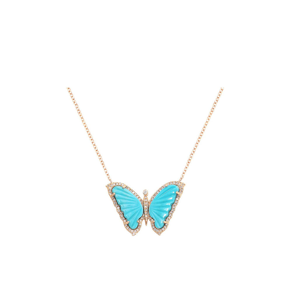 14k Rose Gold Diamond Pave & Turquoise Butterfly Necklace