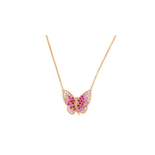 14k Rose Gold and Multi Color Pink Sapphire Butterfly Necklace