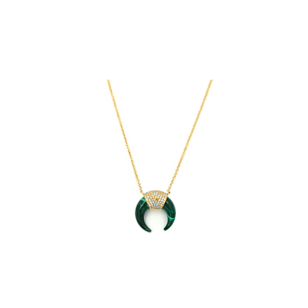 14k Yellow Gold Diamond Pave and Malachite Horn Necklace