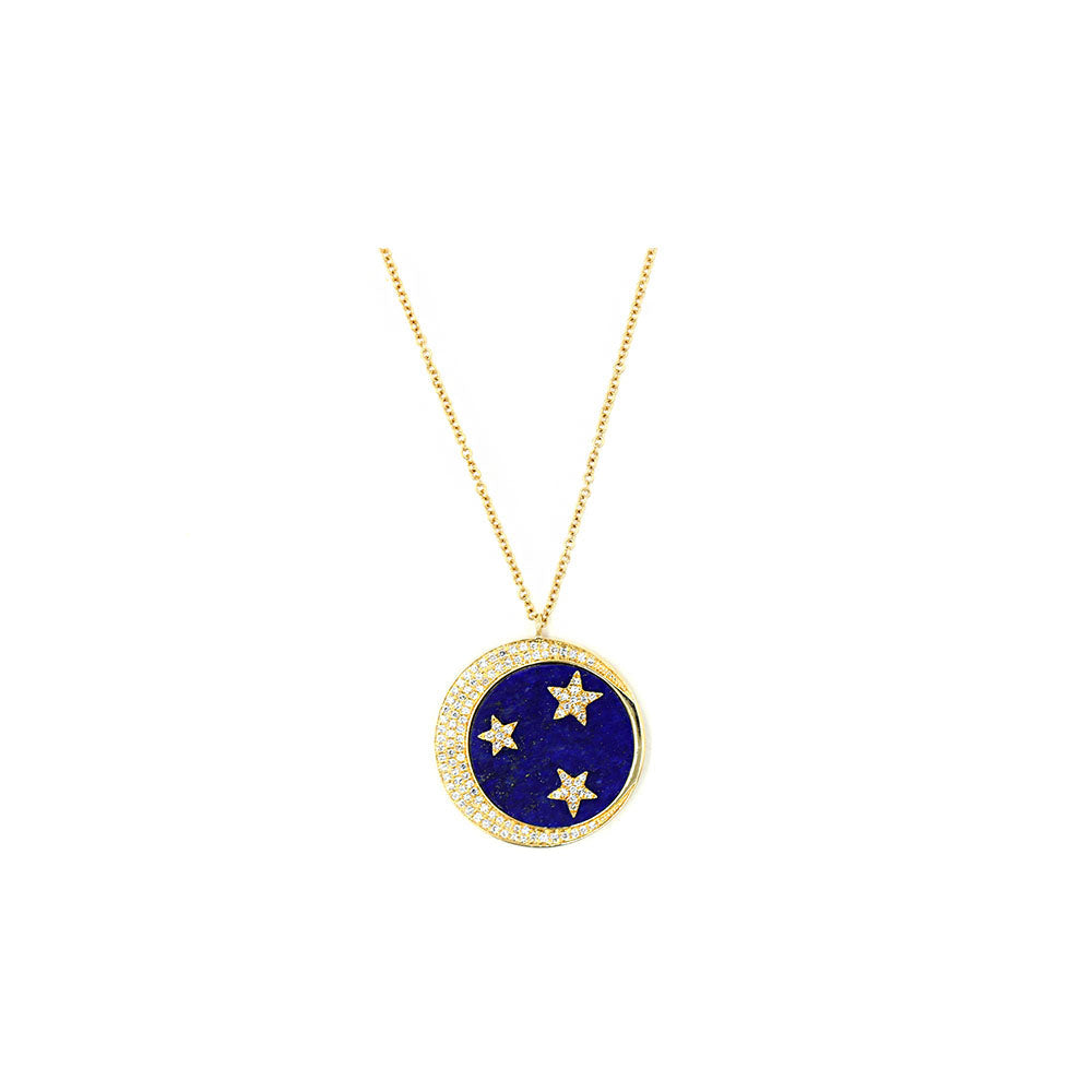 14k Yellow Gold Diamond and Lapis Moon and Star Necklace