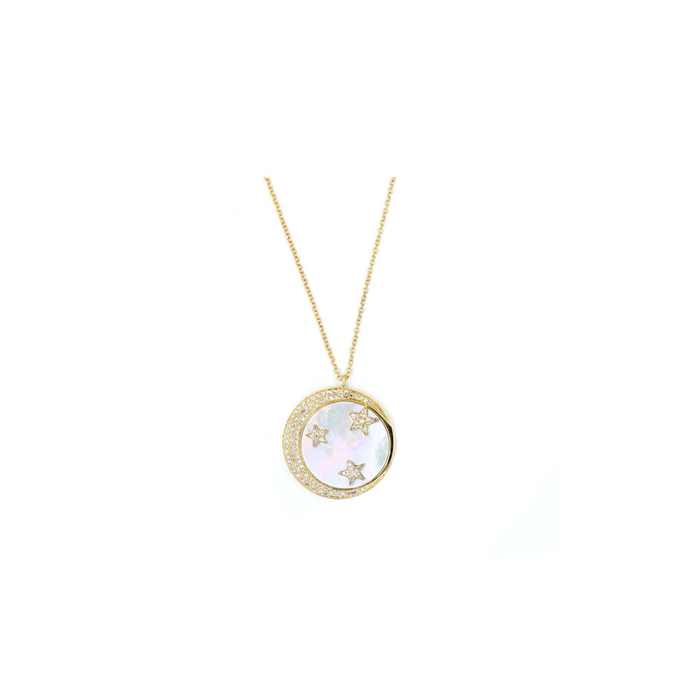 14k Yellow Gold Diamond and Mother of Pearl Moon and Star Necklace
