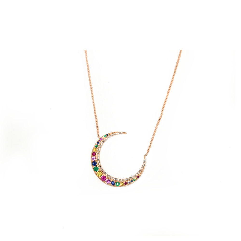 14k Rose Gold Rainbow Sapphire Crescent Necklace