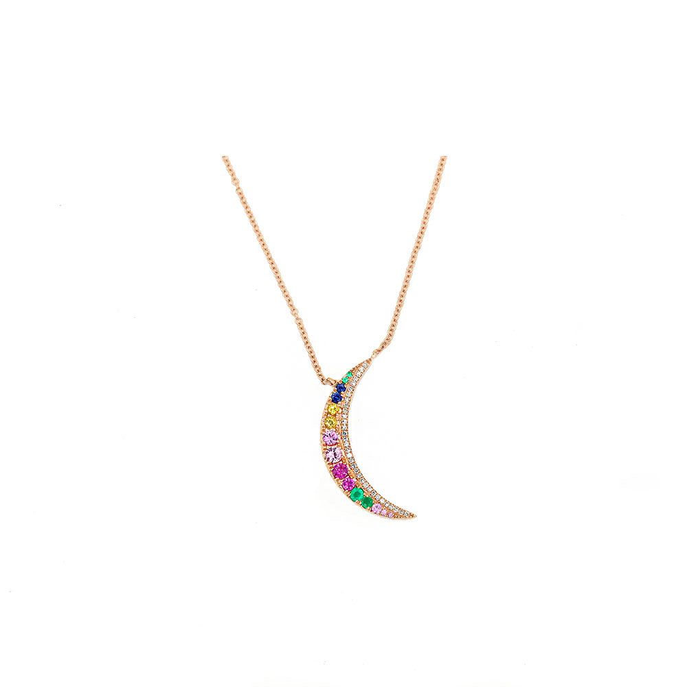 14k rose gold rainbow sapphire moon  necklace