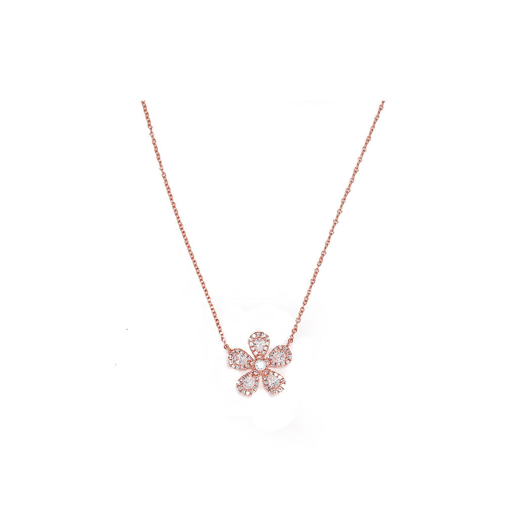 14K Rose Gold Diamond and Diamond Pave Flower Necklace