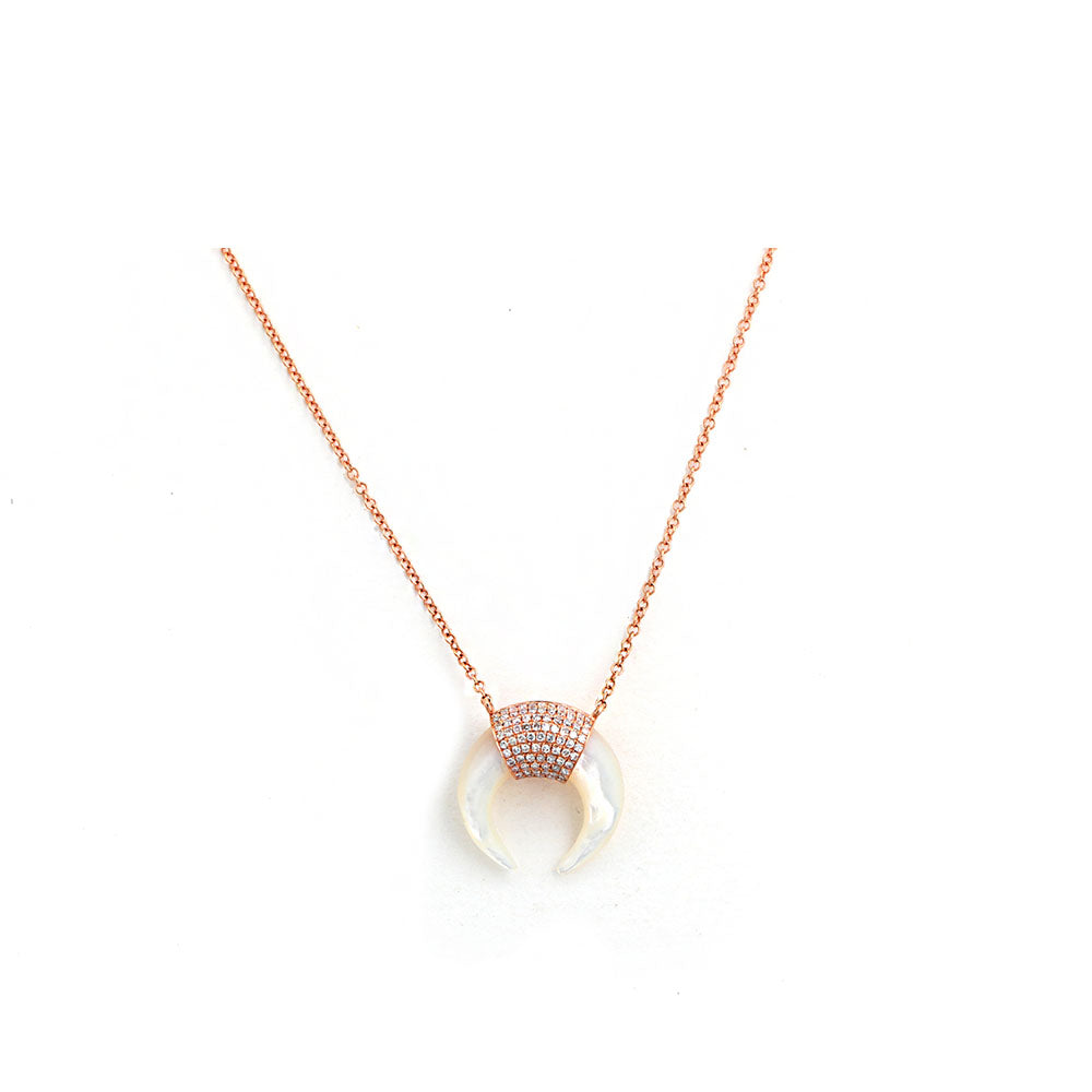 14k Rose Gold, Mother of Pearl and Diamond Pave Horn Necklace