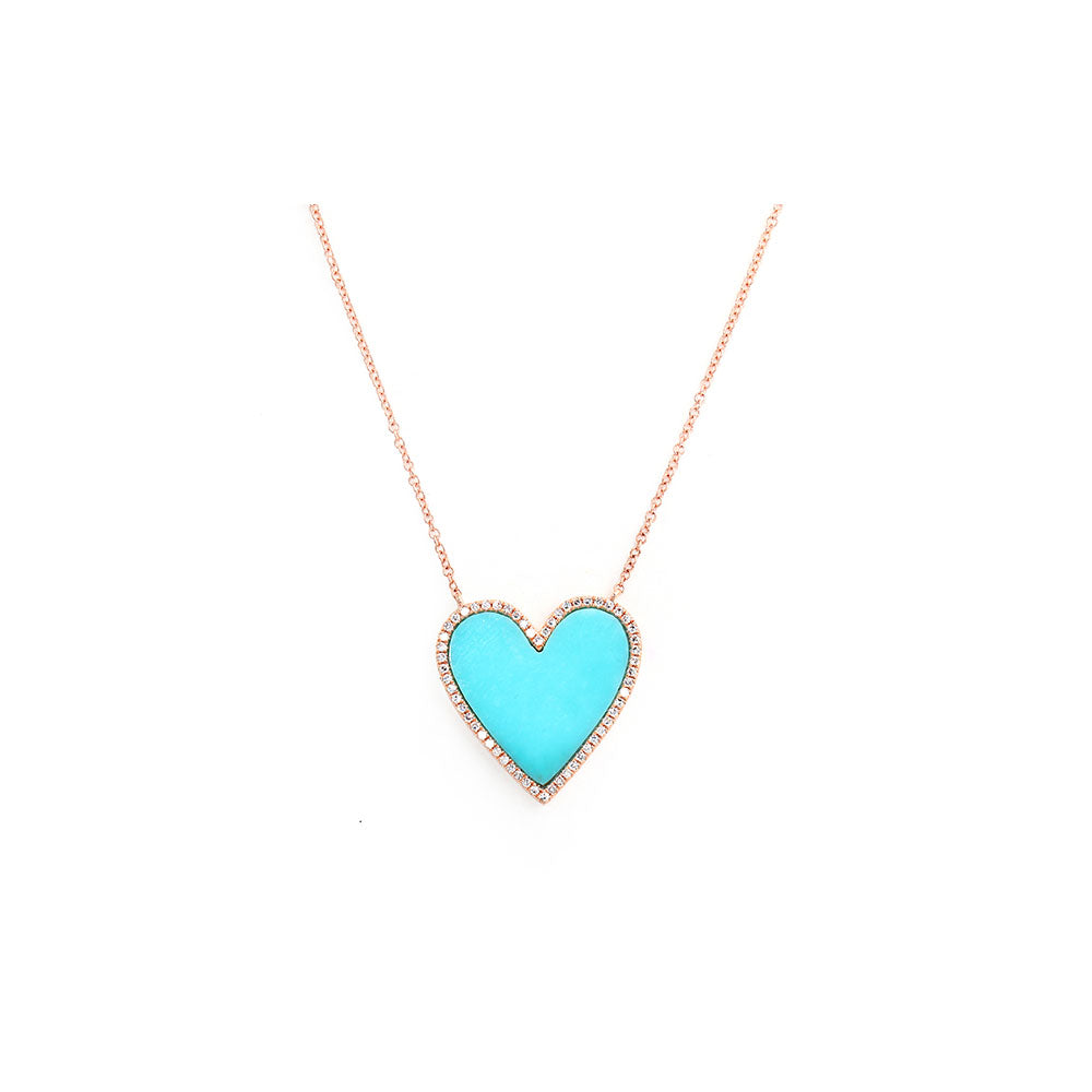 14k rose gold diamond pave and turquoise heart necklace
