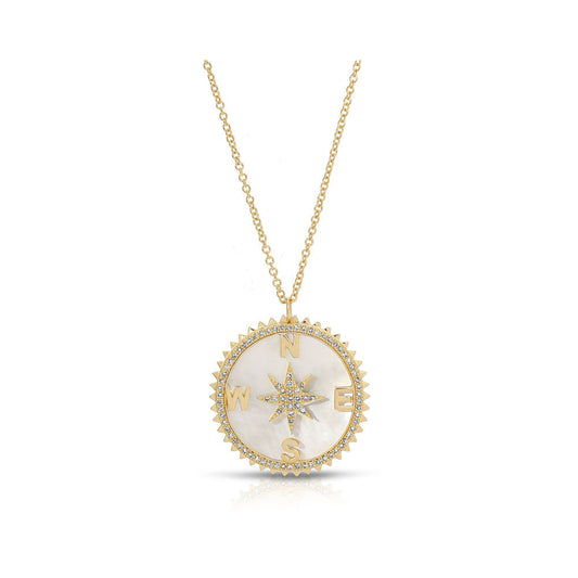 14K Yellow Gold Mother of Pearl and Diamond Compass Necklace
