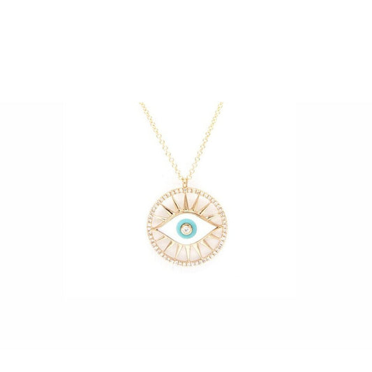 14k Yellow Gold, Diamond, Mother of Pearl and Turquoise Evil Eye Necklace