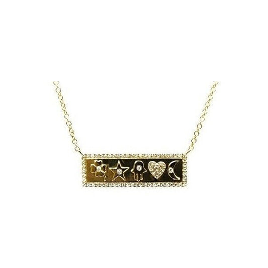 14k Yellow Gold and Diamond Pave Lucky Bar Necklace. Clover, Star, Hamsa, Heart and Moon necklace