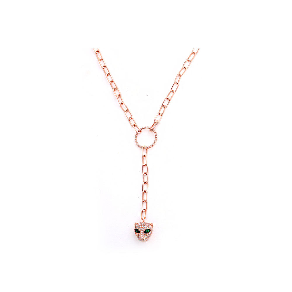 14k Rose Gold Diamond Pave and Panther Necklace on Chain Link