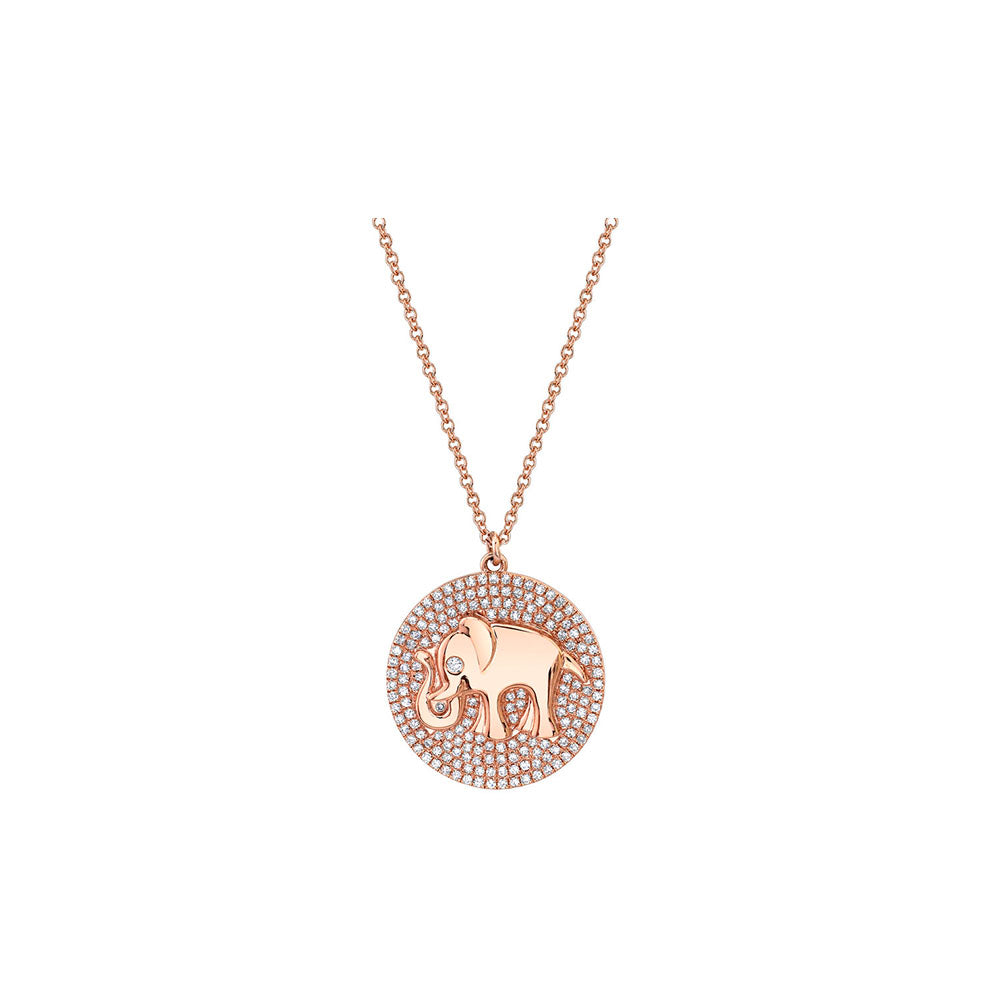 14k Yellow Gold Diamond Pave and Gold Elephant Medallion Necklace