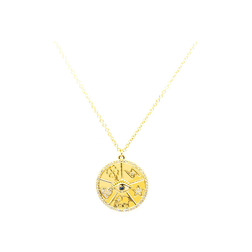 14k Yellow Gold and Diamond Medallion Lucky Necklace. Clover, Lightening Bolt, Star, Elephant and Heart and Evil Eye