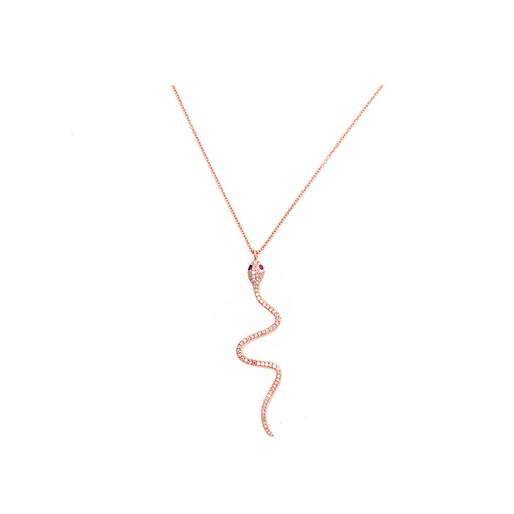 14k Rose Gold Diamond Pave Snake Necklace with Ruby Eyes