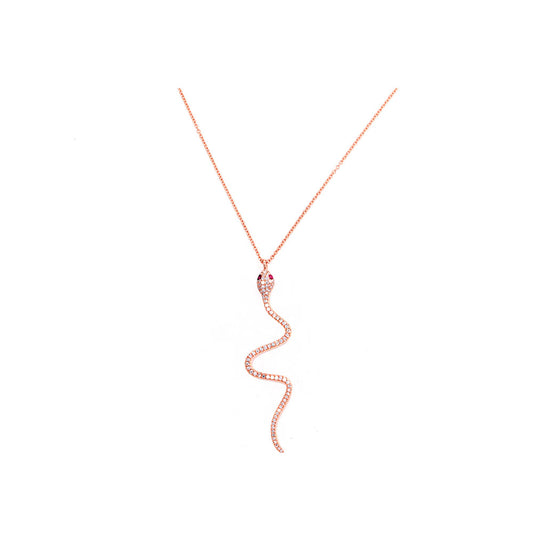 14k Rose Gold Diamond Pave Snake Necklace with Ruby Eyes