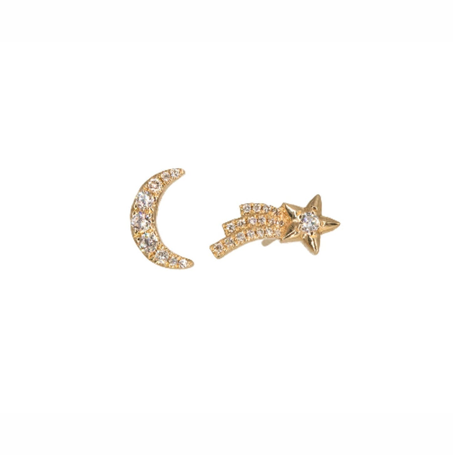 14KT Yellow Gold Diamond Moon and Starburst Studs