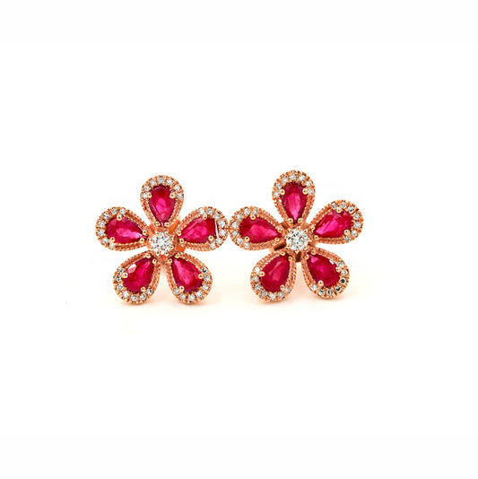 14KT Rose Gold Diamond Pave And Ruby Flower Stud Earrings